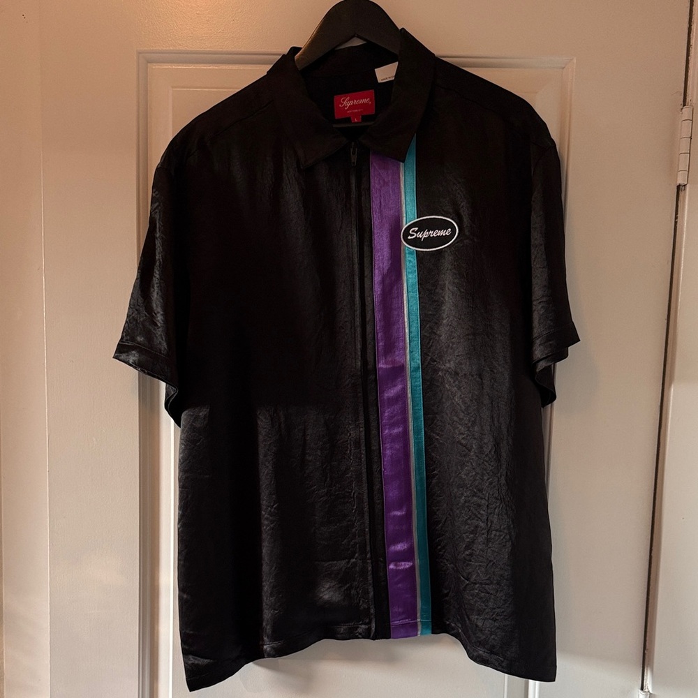 Supreme Bowling Black Shirt with Purple and Teal Stripes